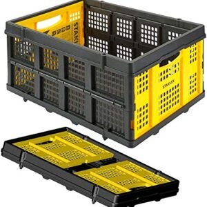 Stanley FT505 Plastic Folding Basket with 25 kg Capacity, Portable Collapsible Multipurpose Heavy Duty Utility Crate for Stacking, Storage and Organizing, Yellow and Black Colour,(56.8 x 41 x 27.2 cm)